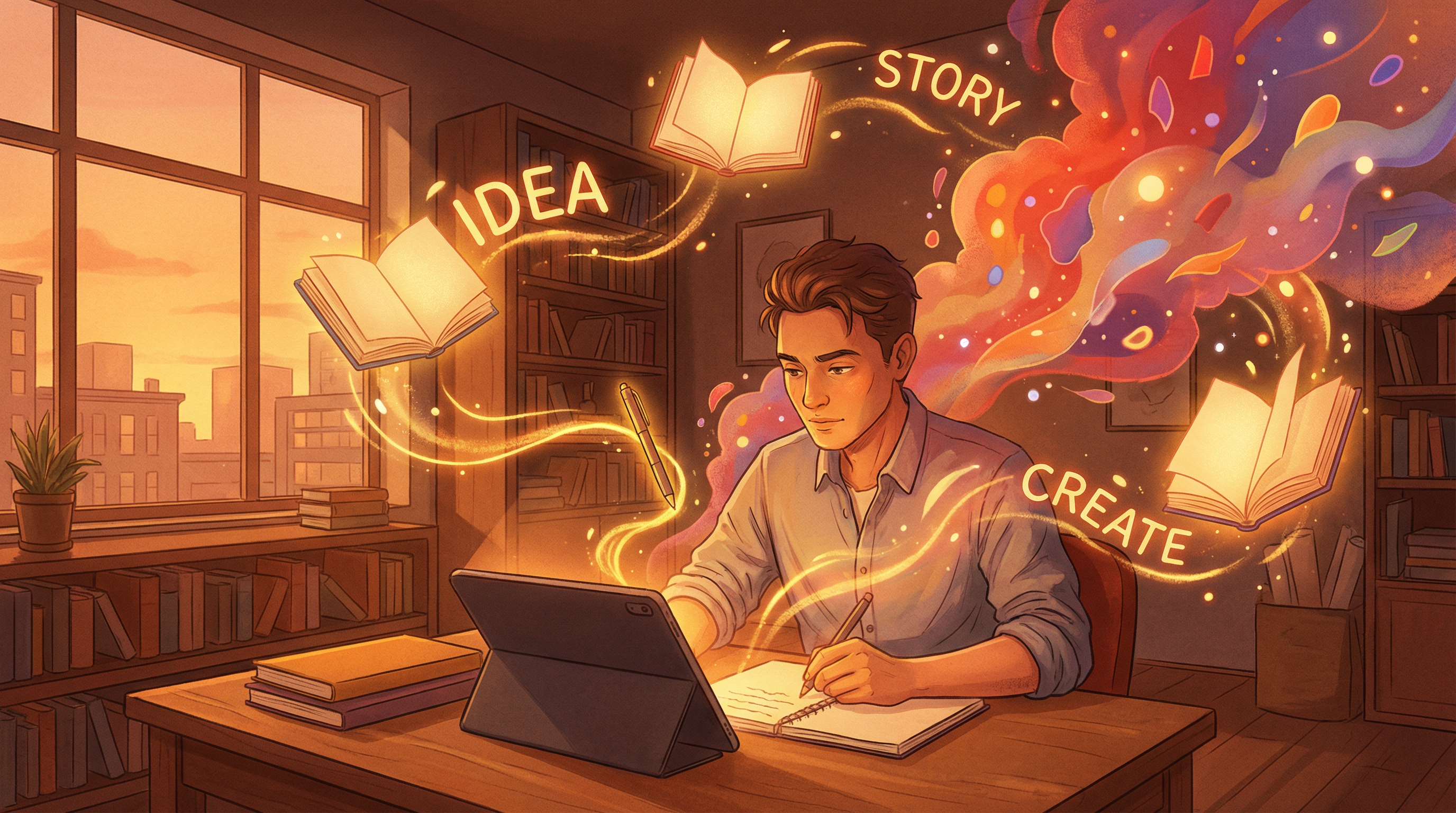 Writer at desk with creative elements